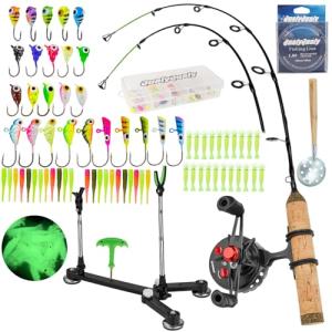 QualyQualy IFishing Rod and Reel Combo, Fishing Combo Complete Set Ice Fishing Kit with Ice Fishing Rod Holder Ice Fishing Jig Line, Left Hand