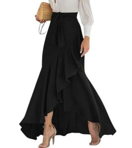 Women's Black Plaid Ruffle Hem Maxi Skirt