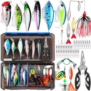 PLUSINNO Fishing Lures Tackle Box Gifts for Men, Bass, Trout Fishing Gear for Saltwater & Freshwater Including Topwater Lures, Hooks, Spinnerbaits
