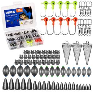 SANWEAL Fishing Weights Kit - Assorted Sinkers Lead Jigs Swivels - Bullet Pyramid Split Shot Egg Weights - Freshwater Saltwater Bass Catfish Walleye Tackle Box(Pro Kit 88 Pcs/15 Types)