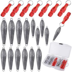 Tasdurian 21 Piece Pro Snap Weight Kit Trolling System Include 14 Tungsten Weights 7 Red Clips Bullet Shape for Walleye Fishing Saltwater Freshwater Fishing