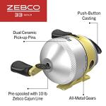 Zebco 33 Gold Spincast Fishing Reel, Size 30 Reel, Changeable Right- or Left-Hand Retrieve, Durable All-Metal Gears, Pre-Spooled with 10-Pound Zebco Cajun Fishing Line, Silver/Gold (Clam Packaging)