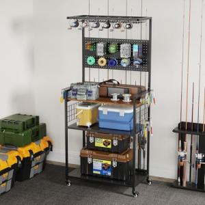 ahomrt Large Fishing Rod Storage Rack with Pegboard, Rolling Tackle Organizer Cart, Multi-Tier Fishing Gear Stand for Rods, Reels, Tackle Boxes & Bag, Heavy Duty Metal Rod Holders with Lockable Wheels