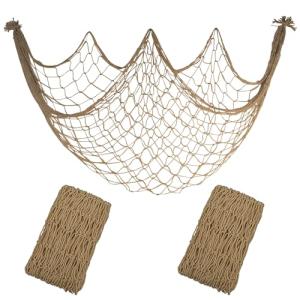 2 Pack Fish Net Decorations - 80x40 Inch Brown Fishing Net Decor for Under The Sea Hawaiian Beach Themed Party, 3mm Thick Natural Cotton Versatile Nautical Netting for Party Wall Table Ceiling Decor