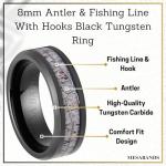 Men's Wedding Ring 8mm Black Tungsten Antler & Fishing Line Hooks Inlay – Comfort Fit Mens Wedding Band with Antique Wooden Ring Box (11)