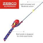 Zebco Youth Superman Floating Spincast Reel and Fishing Rod Combo, 29-Inch Fiberglass Rod, Light Power, Moderate Action, Size 20 Reel, Blue