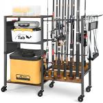 Olakee Fishing Rod Holder for Garage, 12 Fishing Pole Rack & Tackle Organizer, Fishing Gear Storage Cart for Home Entryway & Corner, Space Saving Rod Stand, Heavy Duty Gift for Men Dad Anglers