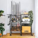 Olakee Fishing Rod Holder for Garage, 12 Fishing Pole Rack & Tackle Organizer, Fishing Gear Storage Cart for Home Entryway & Corner, Space Saving Rod Stand, Heavy Duty Gift for Men Dad Anglers