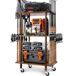 Ghosthorn Fishing Rod Holders for Garage Fishing Pole Rack Hold up to 10 Rods Fishing Pole Holders Wooden Organizer Fishing Rod Rack car Fishing Gear Storage Equipment (Carbonization，3 Tier)