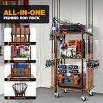 Ghosthorn Fishing Rod Holders for Garage Fishing Pole Rack Hold up to 10 Rods Fishing Pole Holders Wooden Organizer Fishing Rod Rack car Fishing Gear Storage Equipment (Carbonization，3 Tier)