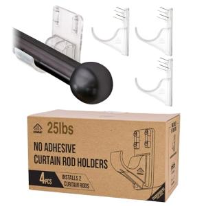 No Adhesive Heavy Duty Curtain Rod Holders with Wide Hook, 5X Stronger Than Adhesive Curtain Rod Hooks,Tension Curtain Rod Bracket for Wall with Pin Guide, Curtain Wall Mount (4 Pack, for 1.25" Rods)