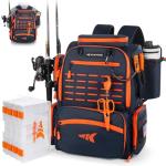 KastKing Bait Boss Fishing Tackle Backpack with Rod Holders-4 Tackle Boxes-Rain Cover,43L Large Storage for Fishing Gear, Orange