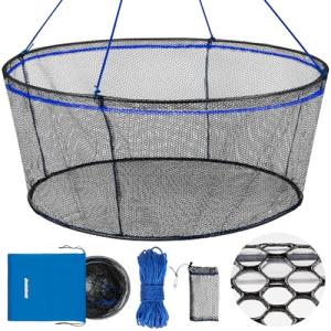 QualyQualy Foldable Fishing Net, Landing Fishing Pier Nets, Drop Net for Pulling Up Fish with Rope, Portable Bridge Fishing Net for Minnows, Crawfish, Shrimp, Top Dia. 31.5"
