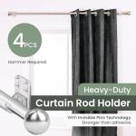 No Adhesive Heavy Duty Curtain Rod Holders with Wide Hook, 5X Stronger Than Adhesive Curtain Rod Hooks,Tension Curtain Rod Bracket for Wall with Pin Guide, Curtain Wall Mount (4 Pack, for 1.25" Rods)