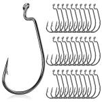 UCEC Fishing Hooks Offset Shank Worm Hooks Extra Wide Gap 2X Strong Carbon Steel Bait Jig for Bass Fishing Trout Catfish Saltwater Freshwater 3/0 30pcs/Box