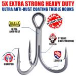 Fishing-Treble-Hooks-5X-Extra-Strong-Heavy-Duty Ultra Anti-Rust Bulk Hooks for Saltwater and Freshwater Fishing Sizes 5/0 to #8 (5X Extra Strong, 3/0 6-Pack)
