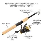Telescopic Fishing Pole - 5.5-Foot Carbon Fiber Rod and Ambidextrous Reel Combo with Handy Carrying Case for Lake, Pond, or River by Wakeman (Black)