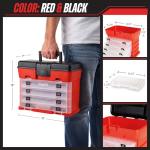 Portable Tool Storage Box - Small Parts Organizer with 4 Multi-Compartment Trays for Fishing Tackle, Hand Tools, or Craft Supplies by Stalwart (Red)