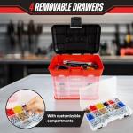Portable Tool Storage Box - Small Parts Organizer with 4 Multi-Compartment Trays for Fishing Tackle, Hand Tools, or Craft Supplies by Stalwart (Red)