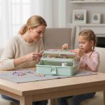 Craft Organizers and Storage, Tackle Box 3-Layer Portable Folding Toolbox, Plastic Tool Box with Handle for Sewing Supplies, Medicine, Art Supplies, Nails and Hair Accessories (Haze Green, 12.5inch)