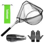 Tacklurenet Folding Kayak Fishing Net with Aluminum Alloy Frame Rubber-Coated Nylon Net for Saltwater Freshwater Small Fishing Net Fishing Landing Net for Rubber Granule Non-Slip Gloves Storage Bag