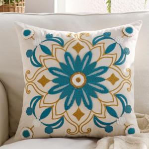 Teal Boho Floral Throw Pillow Cover 18x18