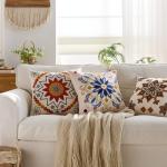 Embroidered Boho Floral Throw Pillow Cover 18x18