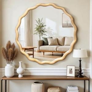 Round Wooden Mirror with Scalloped Edge, 24 Inch