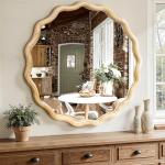 Round Wooden Mirror with Scalloped Edge, 24 Inch