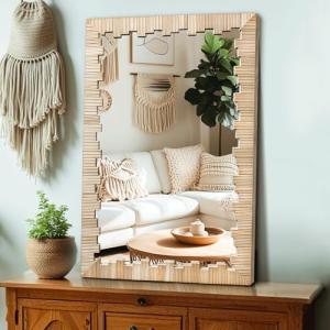 Boho Wooden Frame Wall Mirror, 36"x24