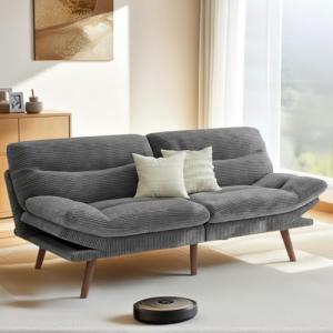 Grey Corduroy Futon Sofa Bed with Adjustable Backrest