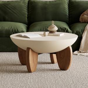 Round Concrete Coffee Table with Walnut Wood Legs