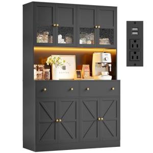 Farmhouse Pantry Cabinet with LED Light & Charging Station
