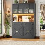 Farmhouse Pantry Cabinet with LED Light & Charging Station