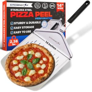 KitchenStar 14" Perforated Pizza Peel with Long Folding Handle - Stainless Steel Spatula Paddle for Effortless Pizza Transfer & Easy Storrage - Outdoor Pizza Oven Accessories