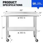 HALLY Stainless Steel Table for Prep & Work 24 x 48 Inches with Caster Wheels, NSF Commercial Heavy Duty Table with Undershelf and Backsplash for Restaurant, Home and Hotel