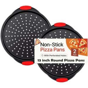 ZOEHROWS Pizza Pan for Oven (2 Pack) Round Pizza Pan with Holes - Non-Stick Carbon Steel Pizza Tray with Silicone Handles - for Cooking, Baking, and Grilling - Dishwasher Safe
