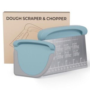 2 IN 1 Upgrade Bench Scraper, Dough Scraper for Pastry Bread Cake Pizza, Sharp Stainless Steel Dough Cutter with Conversion Chart & Measuring Scale, Bowl Scraper Food Scraper for Kitchen Baking, Blue