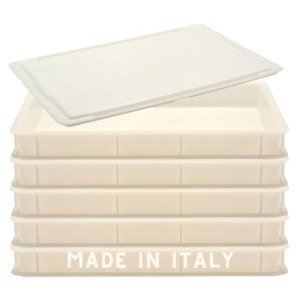 L'Oro Del Sud Commercial Dough Proofing Box Tray with Lid, White, 5 Pack, 23.6" x 15.74" x 2.75", Size Stackable Pizza Container, Bin Resistance to impact, temperature changes, Made in Italy