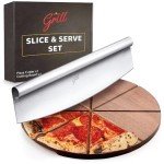 Hans Grill Pizza Cutting Board and Pizza Cutter Rocker Blade Gift Set Professional Stainless Steel Food Slicer with 13.5" Acacia Wooden Board Perfect for Slicing and Serving Pizza, Pies and Cheese