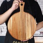 Acacia Wood Cutting Board with Handle Wooden Chopping Board Paddle Round Cutting Boards for Kitchen Meat Bread Serving Board Charcuterie Boards Chopping Blocks Circular Circle Pizza Cheese Board