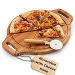 Wrenbury Pizza Cutting Board - 13" Round Wooden Serving Board with 6 Grooves - Reversible Cheese Board Set - Includes Pizza Cutter & Cheese Knife