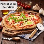 Wrenbury Pizza Cutting Board - 13" Round Wooden Serving Board with 6 Grooves - Reversible Cheese Board Set - Includes Pizza Cutter & Cheese Knife