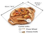Wrenbury Pizza Cutting Board - 13" Round Wooden Serving Board with 6 Grooves - Reversible Cheese Board Set - Includes Pizza Cutter & Cheese Knife