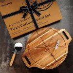 Wrenbury Pizza Cutting Board - 13" Round Wooden Serving Board with 6 Grooves - Reversible Cheese Board Set - Includes Pizza Cutter & Cheese Knife