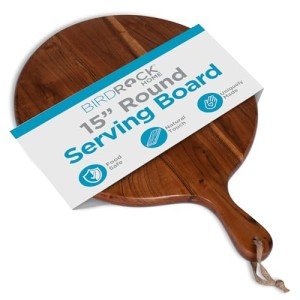 BIRDROCK HOME Acacia Wooden Cheese Serving Board with Handle - Charcuterie, Appetizers, Kitchen Platter, Grazing Board, Pizza, Meat, Bread, Cutting, Party, Food Display Tray - Espresso, 15", Round