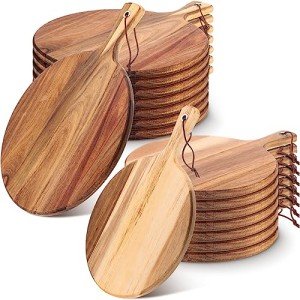 Roshtia 16 Pack Acacia Wood Cutting Board with Handle Thick Round Charcuterie Boards 2 Size Acacia Chopping Boards for Serving Cheese Pizza Bread Platter Baking Wooden Wall Carving Decor