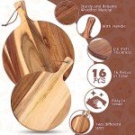 Roshtia 16 Pack Acacia Wood Cutting Board with Handle Thick Round Charcuterie Boards 2 Size Acacia Chopping Boards for Serving Cheese Pizza Bread Platter Baking Wooden Wall Carving Decor