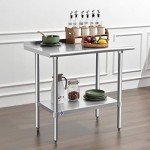 ROCKPOINT Stainless Steel Table for Prep & Work with Backsplash 24x36 Inches, NSF Metal Commercial Kitchen Heavy Duty Table with Adjustable Under Shelf and Table Foot for Restaurant, Home and Hotel