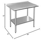 ROCKPOINT Stainless Steel Table for Prep & Work with Backsplash 24x36 Inches, NSF Metal Commercial Kitchen Heavy Duty Table with Adjustable Under Shelf and Table Foot for Restaurant, Home and Hotel